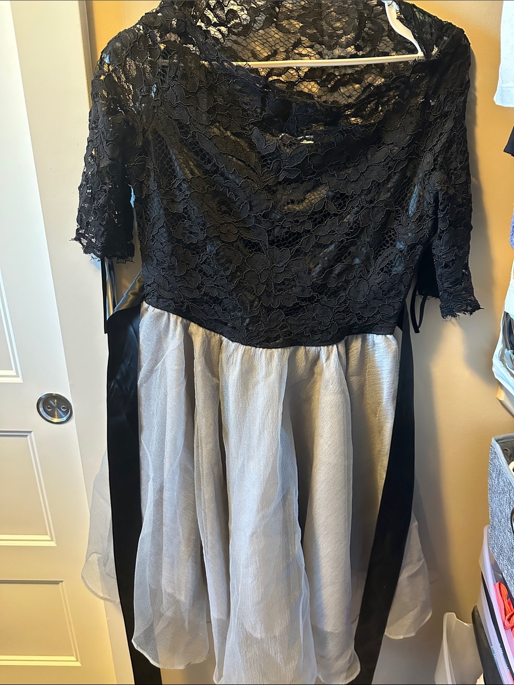 Classic Black Lace and Silver Tulle Prom Dress